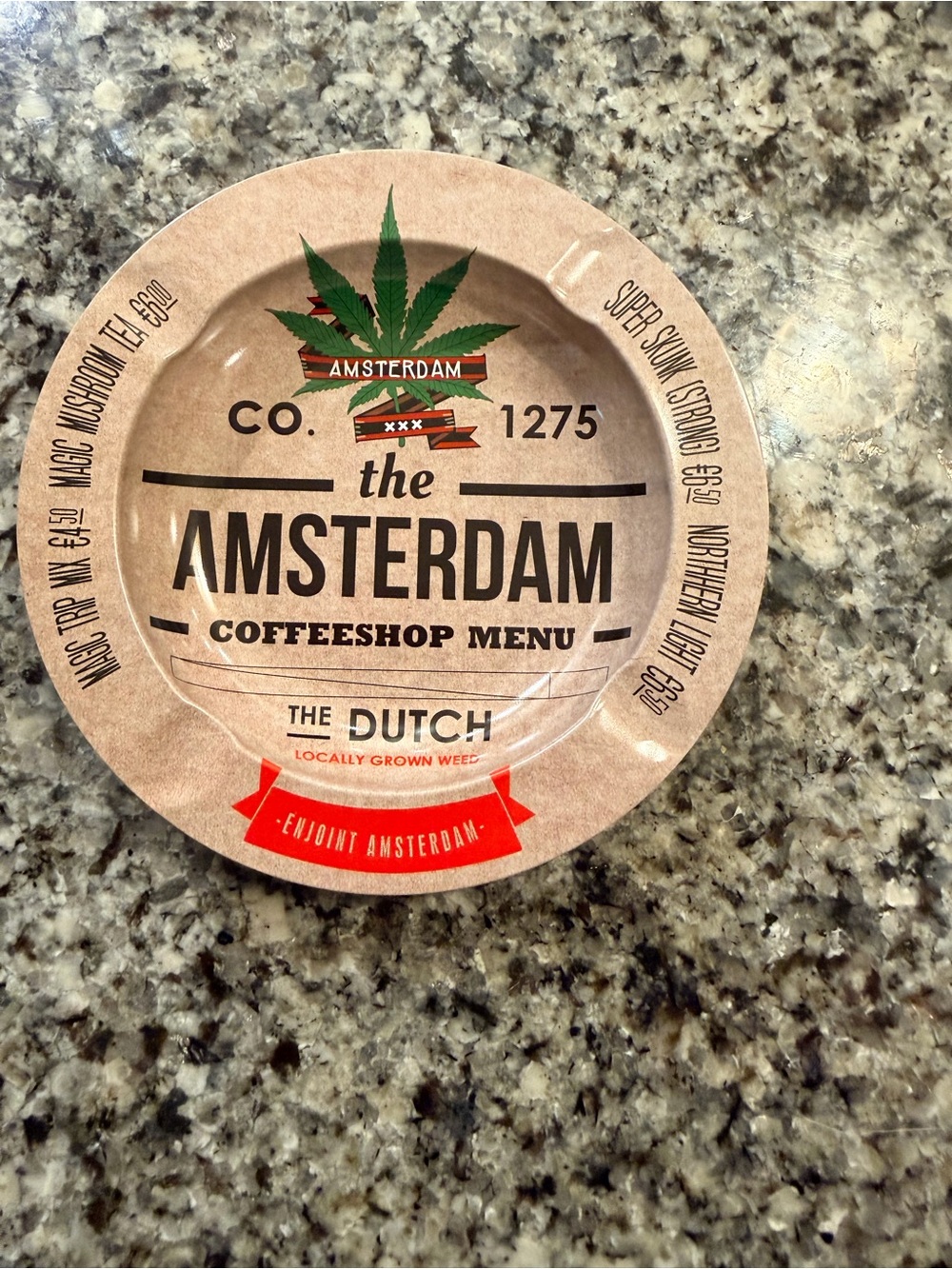 The Amsterdam Coffeeshop Menu Ashtray - Tan with Green & Red Accents